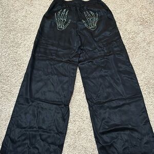 Victoria Secret Pink Black Satin Skeleton Hand Print Bejeweled Pants